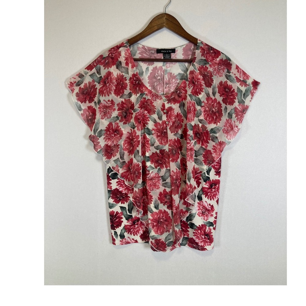 Cottagecore Adele & May Womens LG Red Floral Flutter Sleeve Ruffle Blouse 11327C